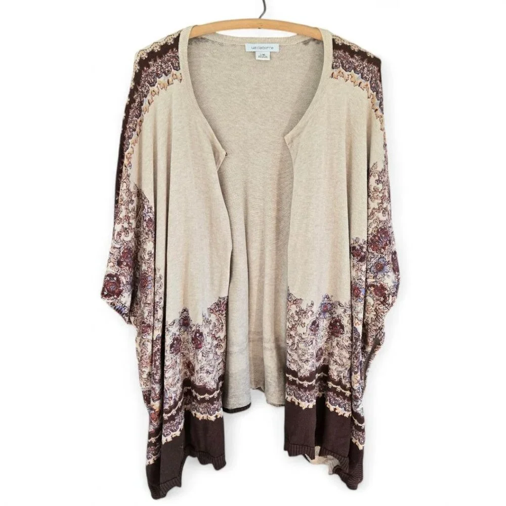 Liz Claiborne Womens L/XL Cotton Beige & Burgundy Floral Ruana Poncho Shawl - Picture 2 of 9